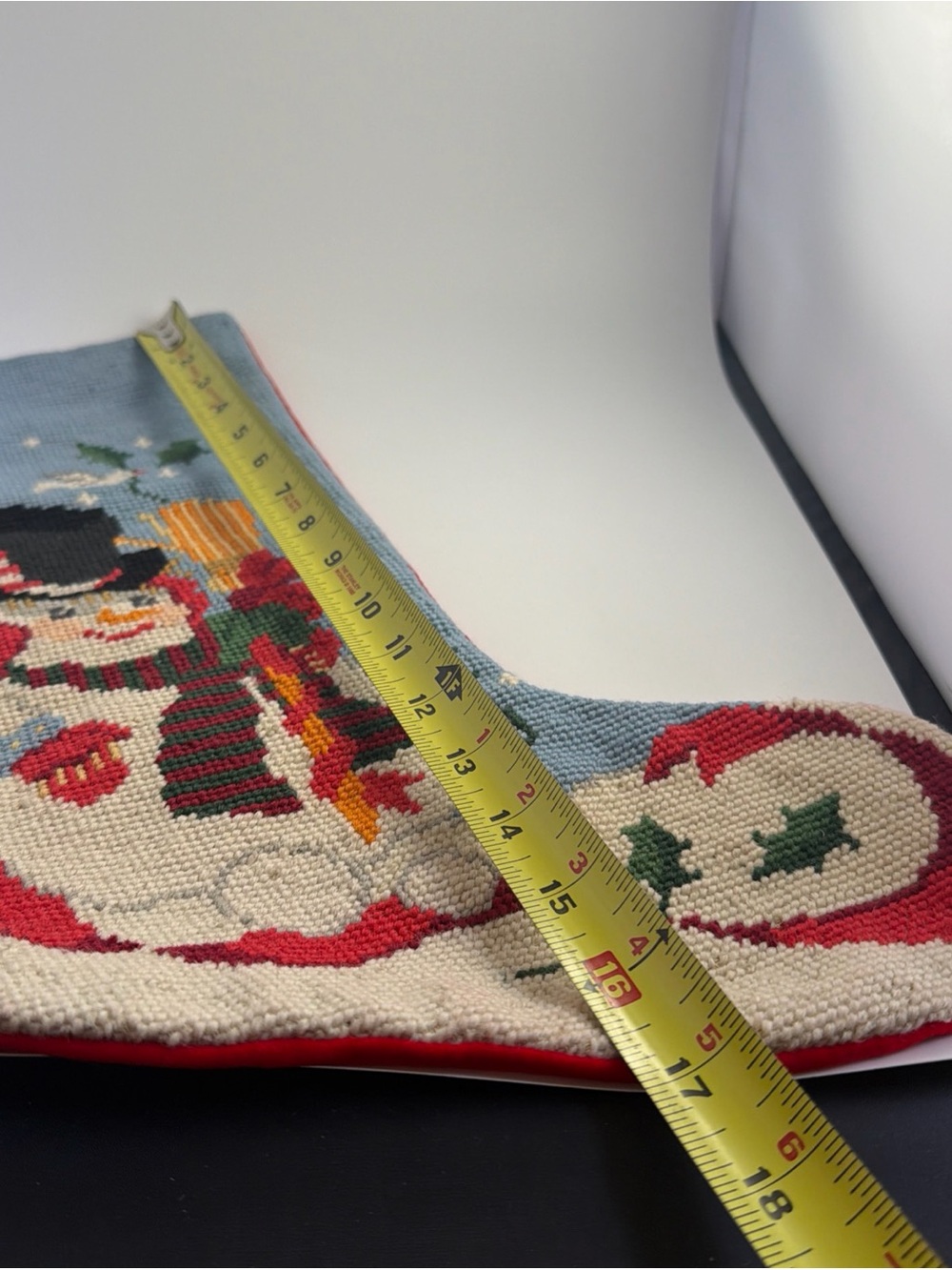 Vintage Wool Needlepoint Christmas Stocking Velvet Let It Snow Snowman - Picture 14 of 15